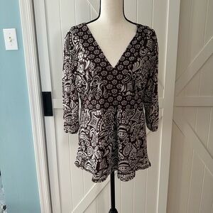 Apt 9 Brown White Paisley Peplum Top XL V Neck Boho Blouse
